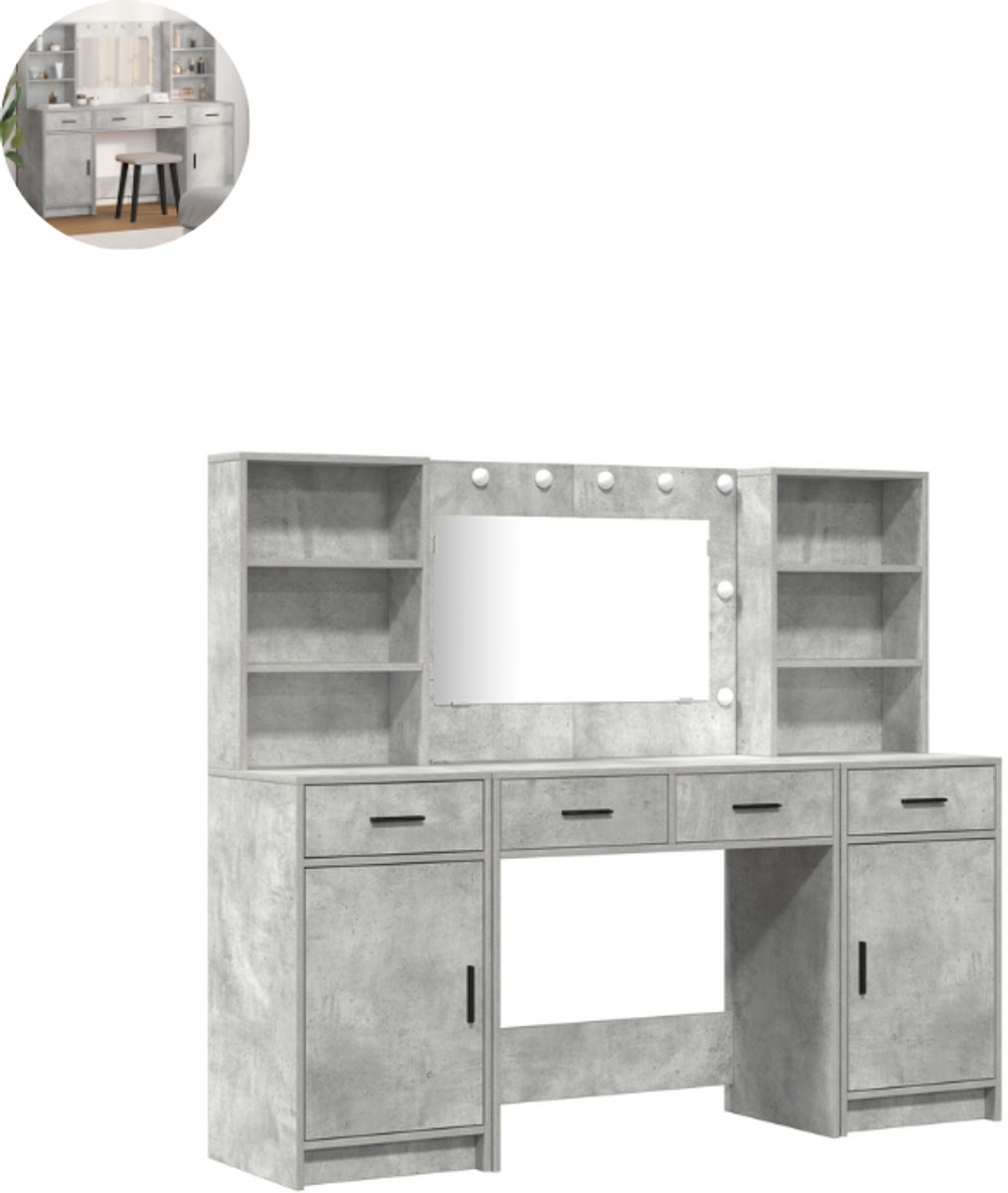 Kaptafel - met spiegel en verlichting - Make up tafel - Make up - Toilettafel - Met lades - Betongrijs
