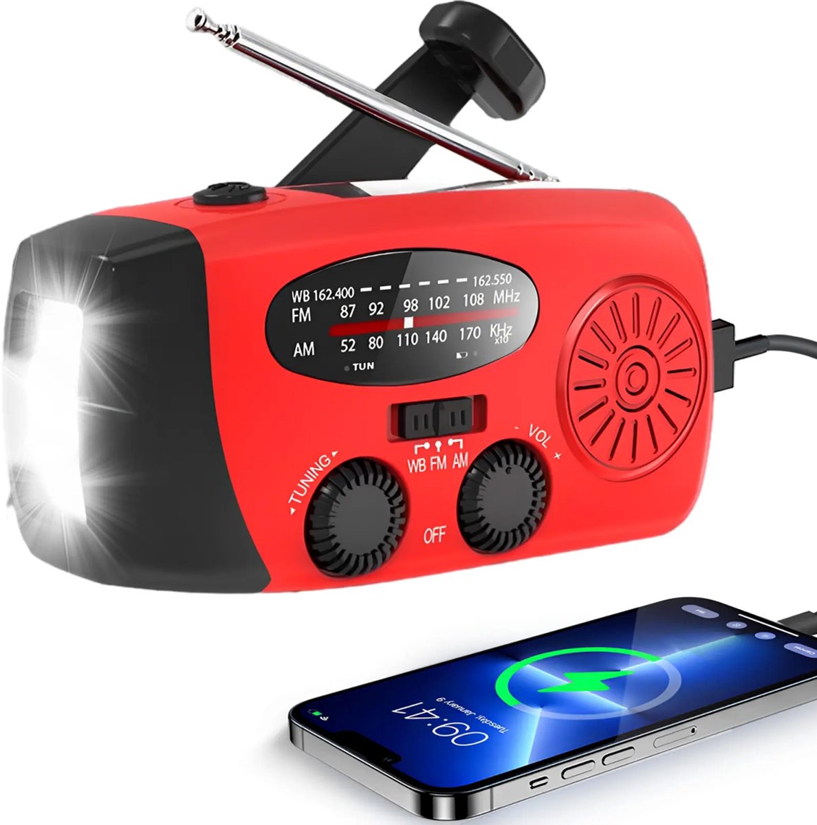 Brixy Noodradio - Radio Met Accu Batterij Voor Noodsituaties - Opwindbaar - Solar - Zaklamp - Powerbank - Rood