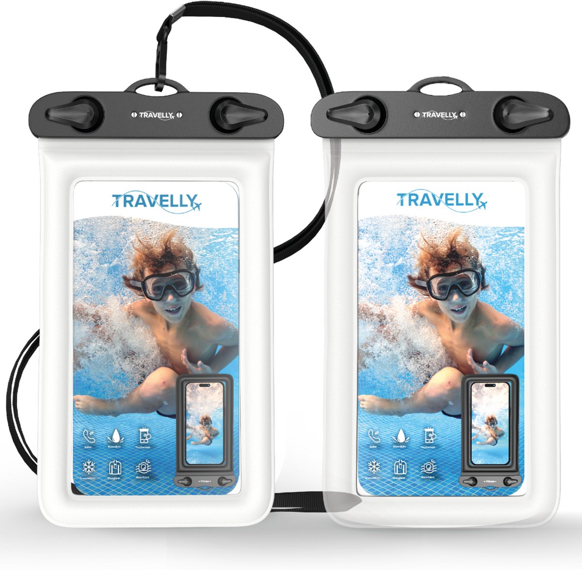 Travelly® Waterdicht Telefoonhoesje Set van 2 – Universeel Onderwater Hoesje voor Smartphone – Geschikt voor alle telefoons – Drybag – Voor Vakantie, Zwemmen & Watersport – Transparant/Wit