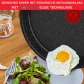 Zwarte, speckled pan met een spiegelei en salade op een bord, met een 'Thermo-Signal' indicator.