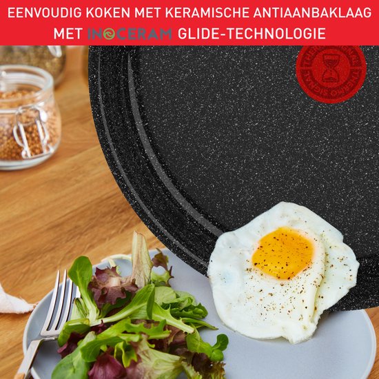 Zwarte, speckled pan met een spiegelei en salade op een bord, met een 'Thermo-Signal' indicator.