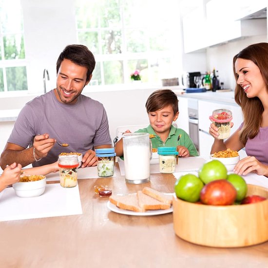Allecto Plus - Nachtelijke Havermoutcontainers Set van 4 met Deksel en Lepels - Glazen Potten 16 oz - Ideaal voor Granen, Fruit, Groente, Salades en Yoghurt - Lekvrij Design