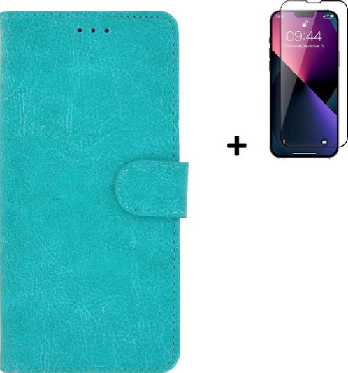 Hoesje Geschikt voor iPhone 13 + Screenprotector iPhone 13 - iPhone 13 Hoes Wallet Bookcase Turquoise + Full Tempered Glass