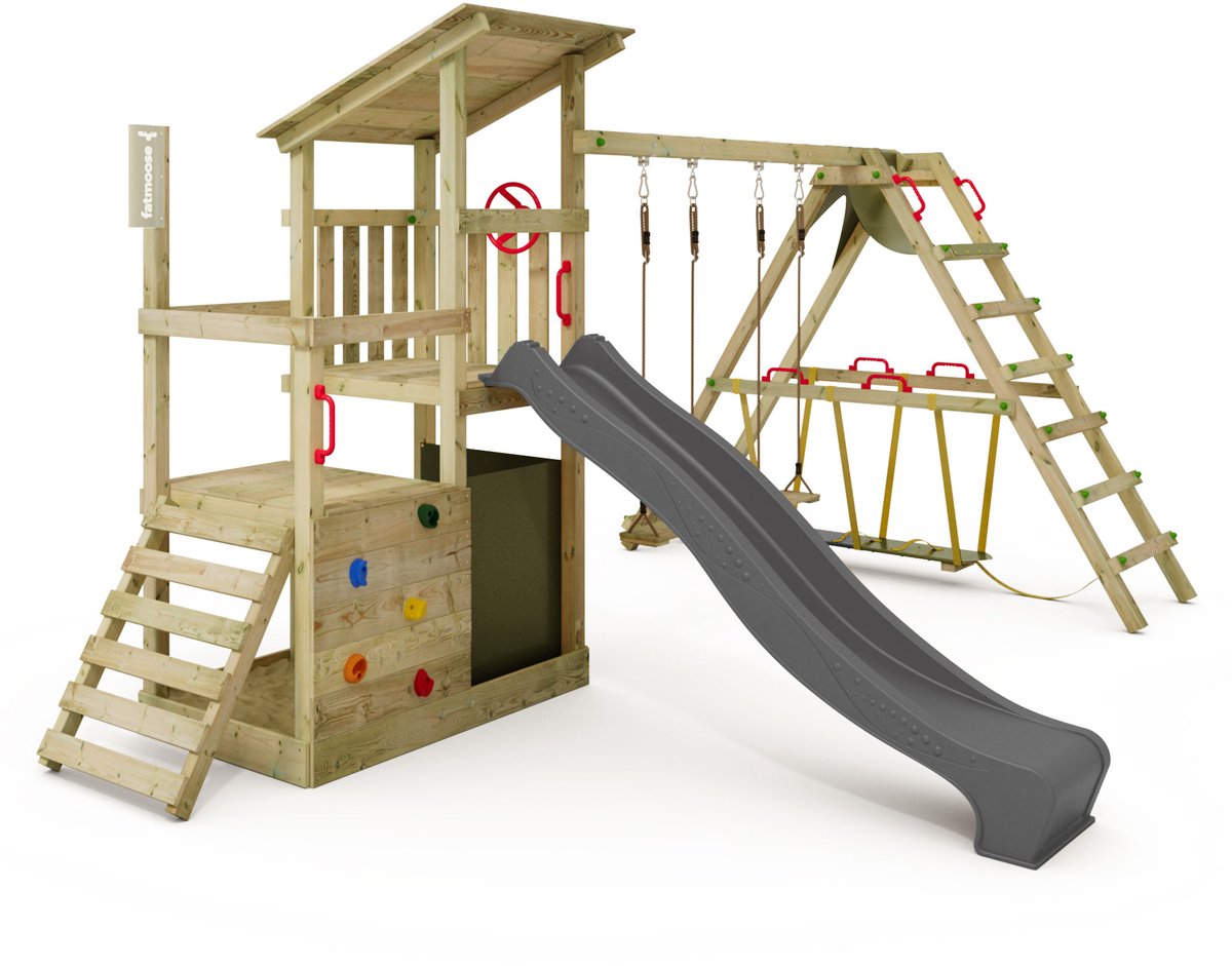 Fatmoose FruityForest Fun XXL Klimtoren - Dubbele schommel met Glijbaan en Surfaanbouw - 505x274 cm - Antraciet