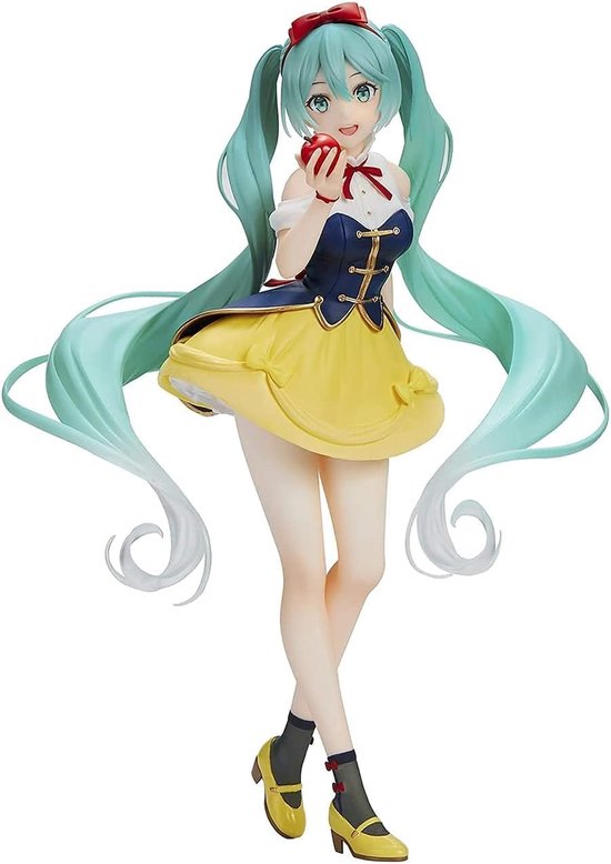Figurine Miku aux cheveux bleus, haut blanc, corsage bleu, jupe jaune, tenant une pomme rouge.