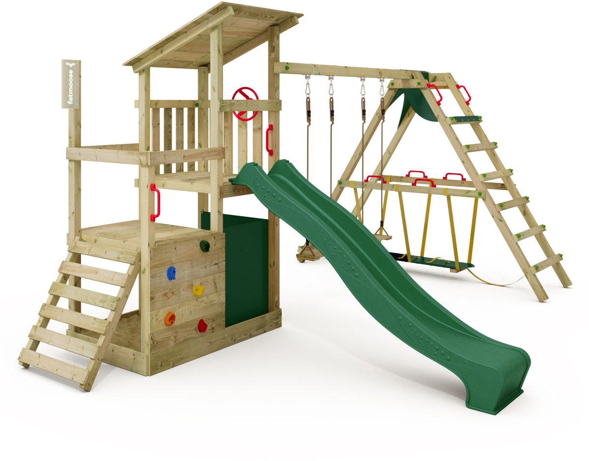 Fatmoose FruityForest Fun XXL Klimtoren - Dubbele schommel met Glijbaan en Surfaanbouw - 505x274 cm - Groen