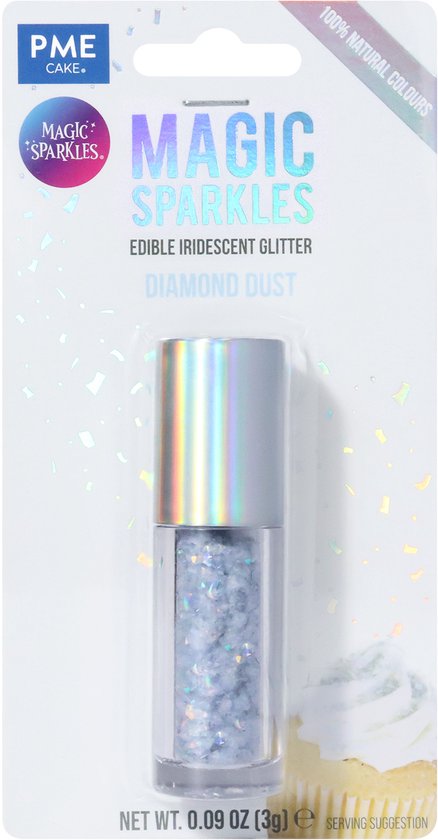 Verpakking met PME Magic Sparkles eetbare glitter, diamantstof, met regenboogkleurig effect.