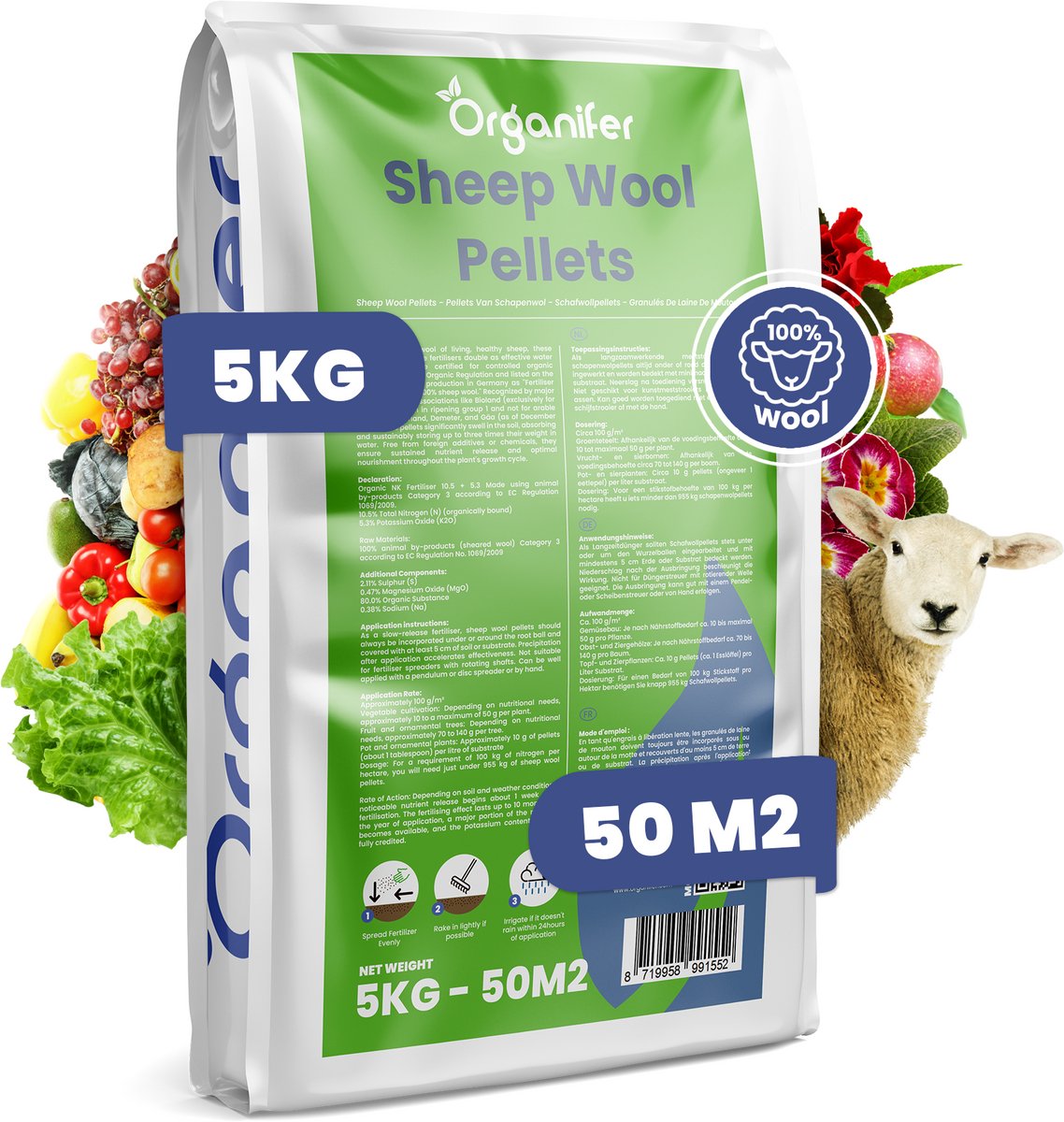 Schapenwol Pellets - 5 Kg Voor 50 M² - Organische Meststof - Verbetert Op Natuurlijke Wijze De Plantengroei En De Bodemvruchtbaarheid - 100% Natuurlijke Meststof - Hoog Stikstofgehalte - Pesticidenvrij - Nk-Meststof 10,5 + 5,3 - Organifer