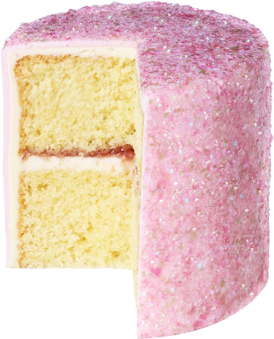 Gelaagde cake met roze glazuur, versierd met roze en groene glitters. Een plak is verwijderd.