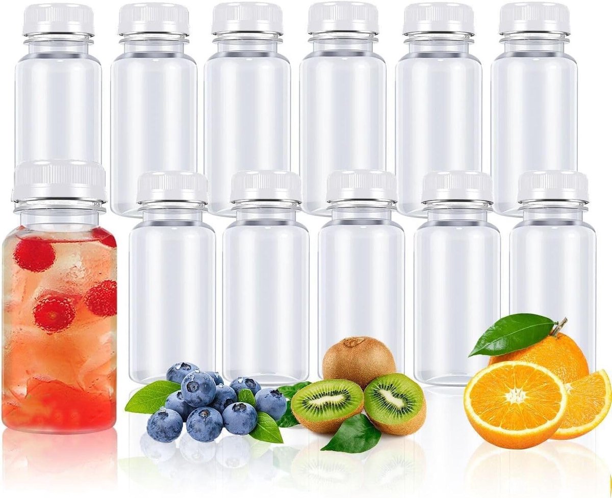 Allecto Plus - Pack van 12 kleine glazen flessen met deksel - 100 ml plastic flessen om te vullen - Sapflessen met deksel - Melkflessen - Waterflessen
