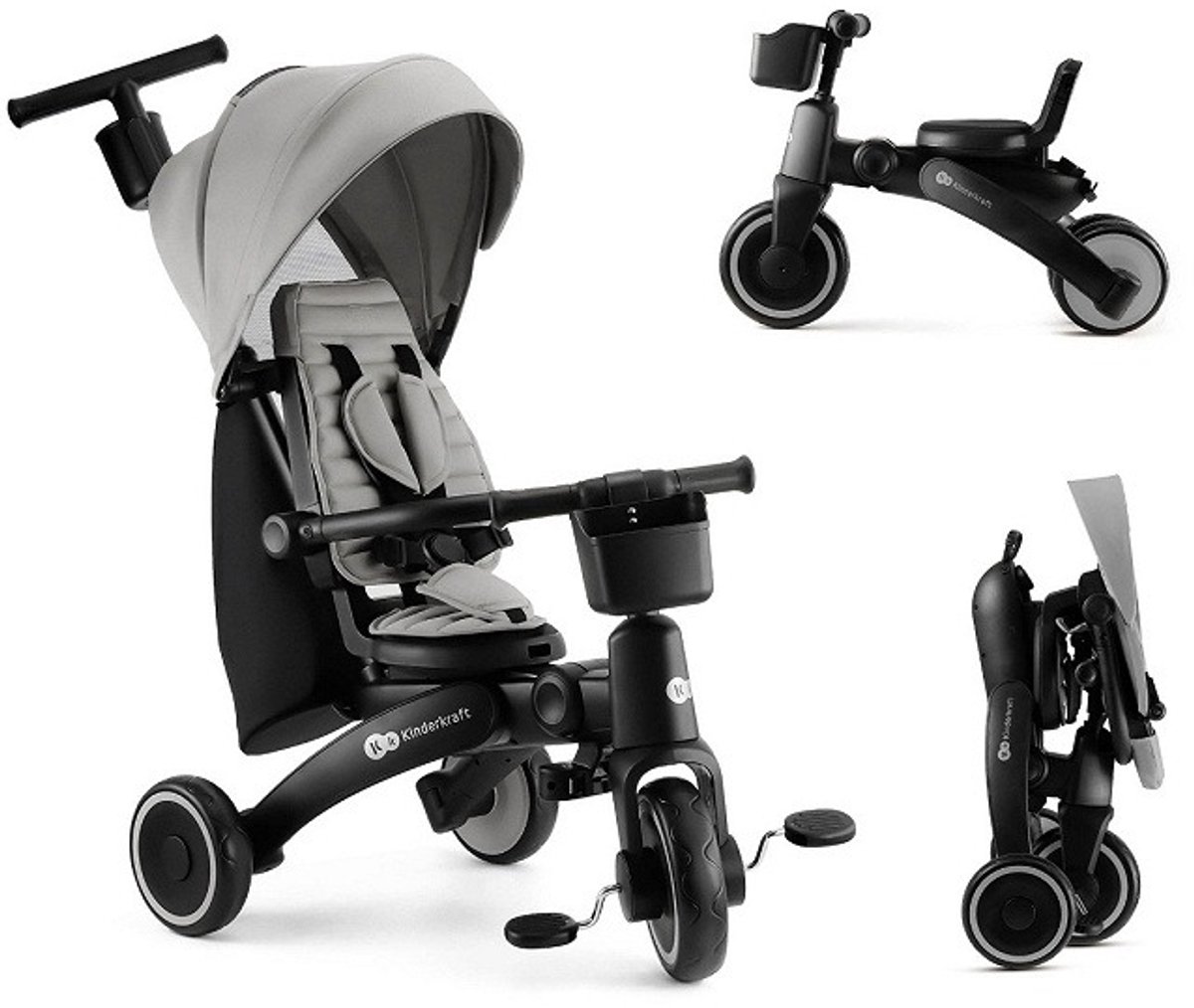 Kinderkraft JAZZ 2 5-in-1 Kinderdriewieler - Voor 9 Maanden tot 5 Jaar - 360° Draaibare Click & Twist Stoel, Verstelbare Oudergreep en Zonnekap - Grijs