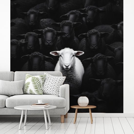 Behang - Fotobehang Schapen - Wit - Duisternis - Breedte 300 cm x hoogte 300 cm