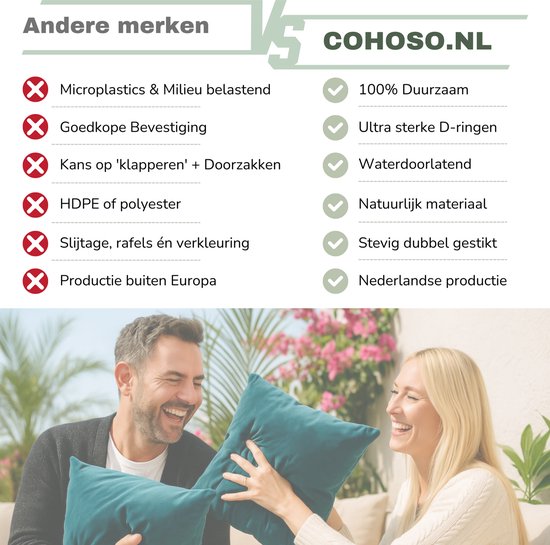 Vergelijking tussen Cohoso.nl en andere merken. Cohoso.nl biedt duurzame, waterdoorlatende, stevige dubbel gestikte schaduwdoeken, Nederlands product.