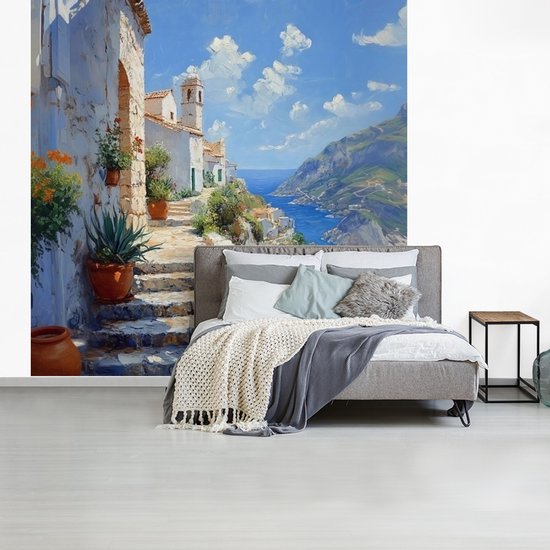 Behang - Fotobehang Trap - Huizen - Berglandschap - Zee - Breedte 240 cm x hoogte 240 cm