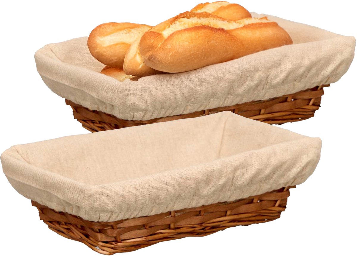 Kipit Broodmandje met stof - 2x - riet/canvas - bruin - 28 x 18 x 8 cm - landelijke stijl - Broodjes serveren