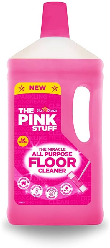 Een literfles 'The Pink Stuff' allesreiniger met een roze etiket en een groene vegan-sticker.