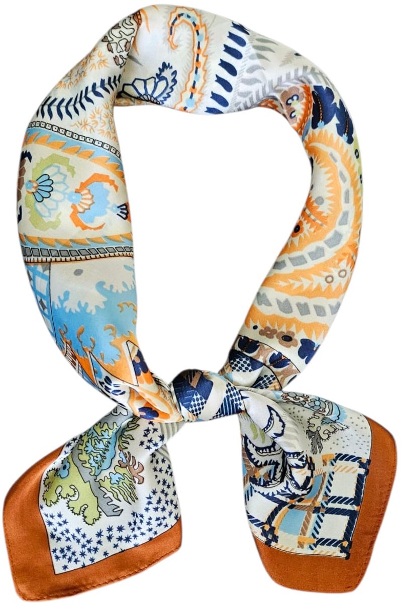 Sjaal Dames Beige Caramel | Sjaal vierkant deels zijde | Youhomy accessoires sjaal 70x70cm Neksjaal | Klein Sjaaltje | Dames Halsdoek | Valentijnscadeau vrouwen | Moederdag Cadeau| Stewardess Sjaaltje Blauw