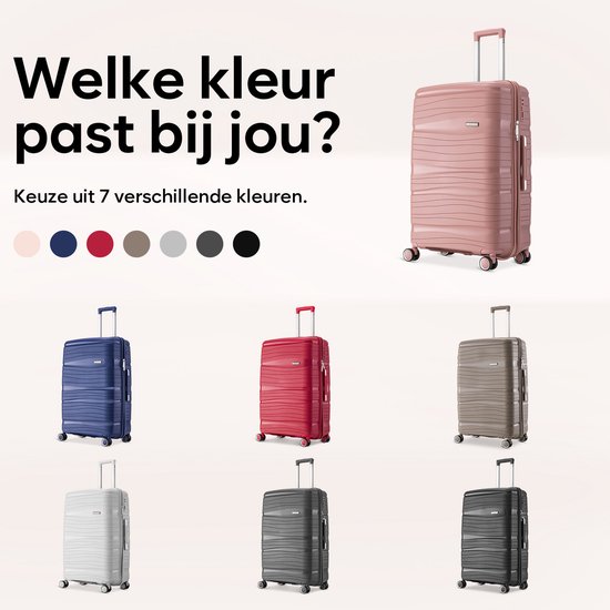 Een overzicht van zeven verschillende kleuren SKYCASE koffers, waaronder roze, blauw, rood en grijs.