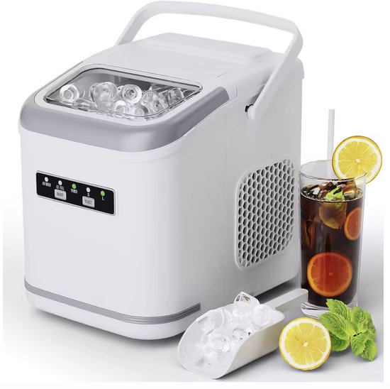 KUMIO Kleine ijsblokjesmachine, 12 kg/24 uur, ijsblokjesmaker met ijsschep en mand, 1,5 l waterreservoir, compact design voor thuis, keuken, kantoor, feest (zwart
