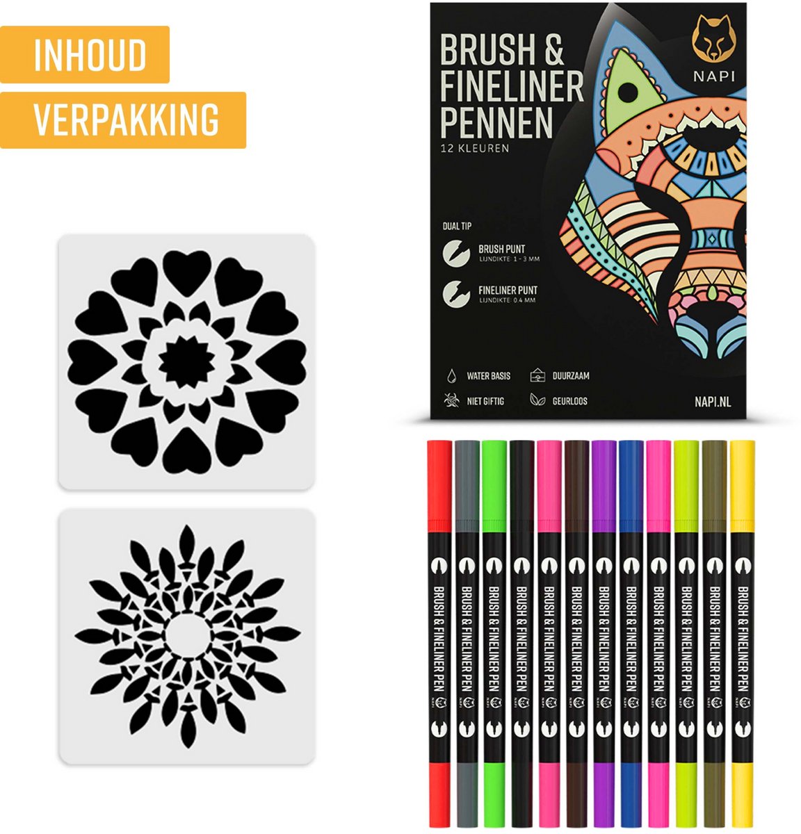 NAPI Twinmarkers - 12 Stiften voor Volwassenen - Dubbelzijdige Brushpennen - Fineliners Kleur - Handlettering - Bullet Journal Accessoires - Brush Pennen Aquarel - Markers Kinderen - Markeerstiften Incl. 2 Mandala Sjablonen — afbeelding 7
