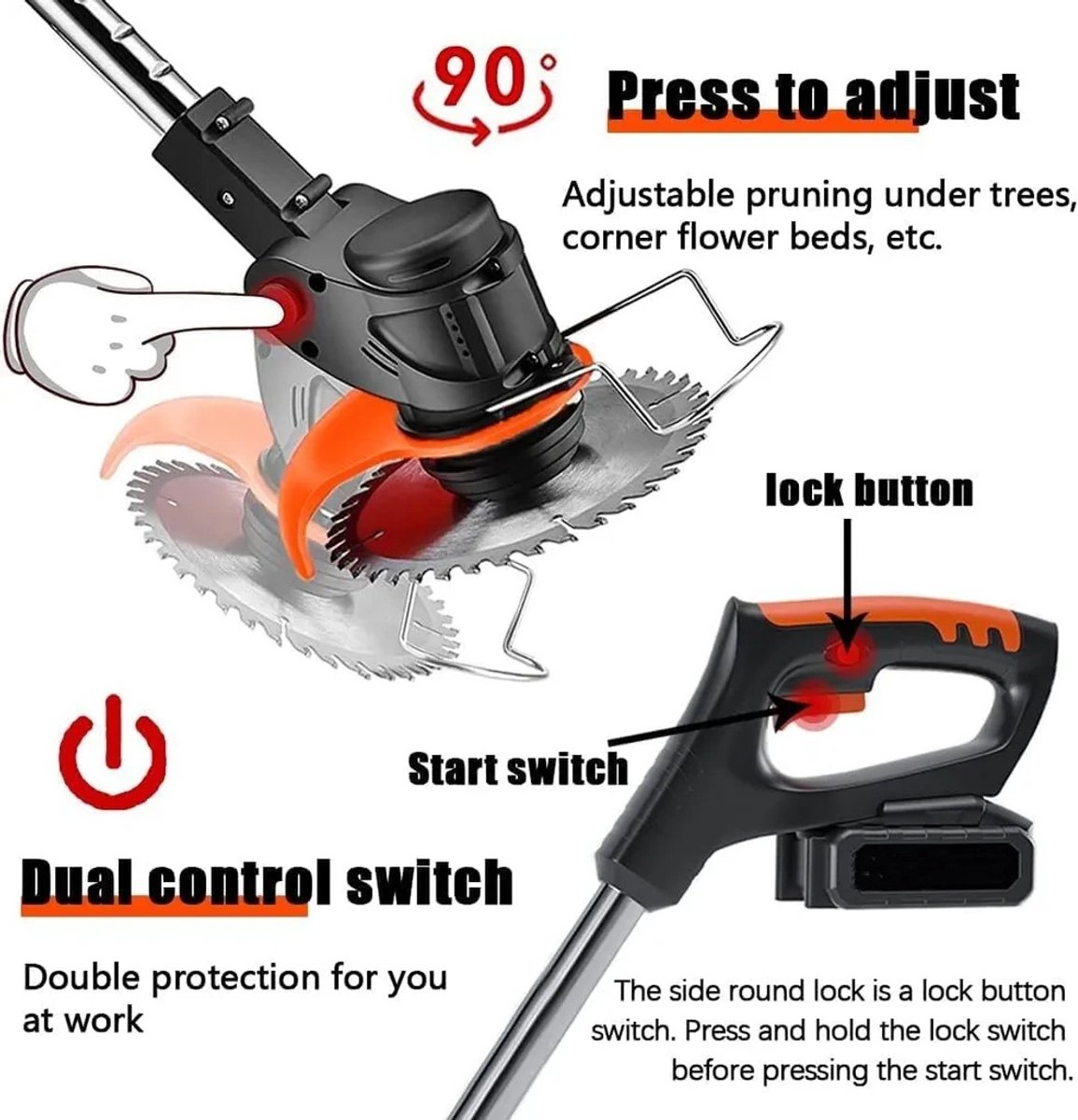 3-in-1 Kantenmaaier – Grastrimmer – Bosmaaier – Grasmaaier – Draadloos & Elektrisch – Incl. 2 Accu ‘s & Snellader - Motorkop -90° en +90° verstelbaar - Incl. 3 snijkoppen – foto 5