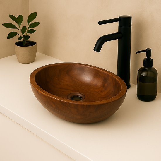 Lavabo ovale en bois de teck Lendo Online 30x25x12 cm - Lavabo en bois pour salle de bain ou WC - Lavabo - Vasque à poser - Formes et veinures de bois uniques