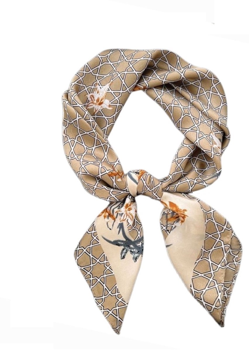 Luxe Dames Neksjaal Beige, Bloemen print -Sjaaltje Youhomy accessoires sjaal 70x70cm - Sjaal vierkant zijde feeling- Hoofdsjaal- Cadeau voor vrouwen , dames-Moederdag - Valentijnsdag cadeau| Stewardess Sjaaltje Beige