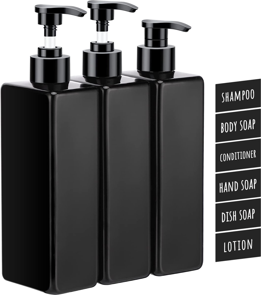 Ibenzoa® Navulbare Zwarte Pompflessen Set van 3 voor Shampoo en Douchegel met Etiketten,zeepbakje