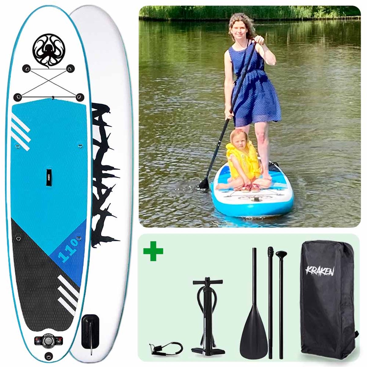 KRAKEN SUP 11’0 Fly | Ultra Licht & Stabiel Beginners Supboard | Compleet met KRAKEN Suptas, Verstelbare Peddel & Veiligheidslijn | 335x84x15 CM | Stand Up Paddle Board voor Familie | Tot 180 KG Draagvermogen | NIEUW 2025 Model