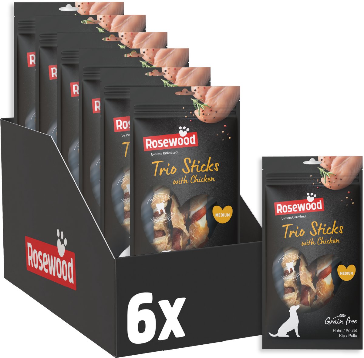 Rosewood Trio Sticks Kip Medium - Kauwsticks voor Honden - Met Kip & Runderhuid - Graanvrij - Zonder Kunstmatige Toevoegingen - 6 zakjes à 3 kauwstaven