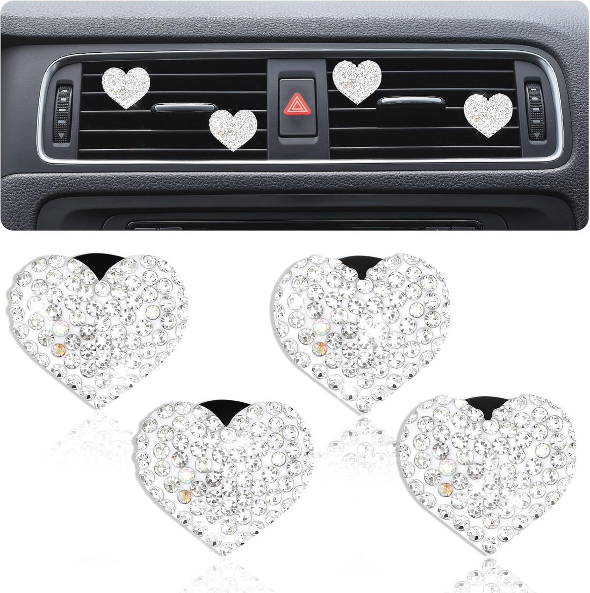 Image of 4 Stuks Bling Hart Auto Air Vent Clips - Kristal Strass Decoratie voor Auto Interieur