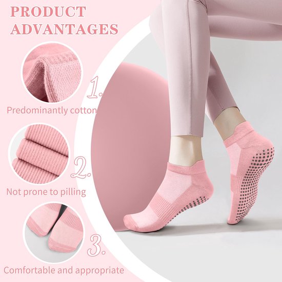 Yoga Sokken Antislip Dames - 6 Paar - maat 36-41 - Yoga Enkelsokken - pilates sokken antislip- Huissokken Dames anti slip - Voor Yoga Pilates Ballerina Ballet - Roz&Grijs&Zwart — afbeelding 4