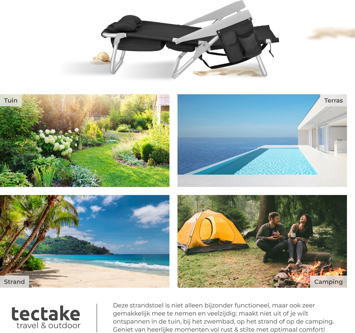 tectake® Strandstoel Coral - Opvouwbare Campingstoel met Koeltas en Opbergtas - 5-voudig Verstelbare Rugleuning met Hoofdkussen - Brede Armleuningen met Bekerhouder / Telefoonhouder - Inklapbare Kampeerstoel - Zwart — cadeau in Sport & Outdoor - foto 4