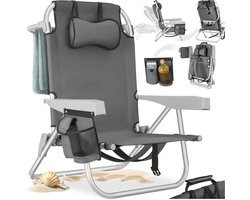 tectake® Strandstoel Coral - Opvouwbare Campingstoel met Koeltas en Opbergtas - 5-voudig Verstelbare Rugleuning met Hoofdkussen - Brede Armleuningen met Bekerhouder / Telefoonhouder - Inklapbare Kampeerstoel - Grijs