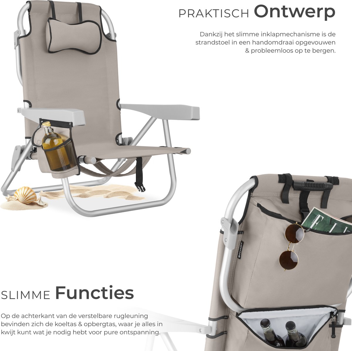 tectake® Strandstoelen Coral - Set van 2 Opvouwbare Campingstoelen met Koeltas en Opbergtas - 5-voudig Verstelbare Rugleuning met Hoofdkussen - Brede Armleuningen met Bekerhouder / Telefoonhouder - Inklapbare Kampeerstoel - Beige — cadeau in Sport & Outdoor - foto 4