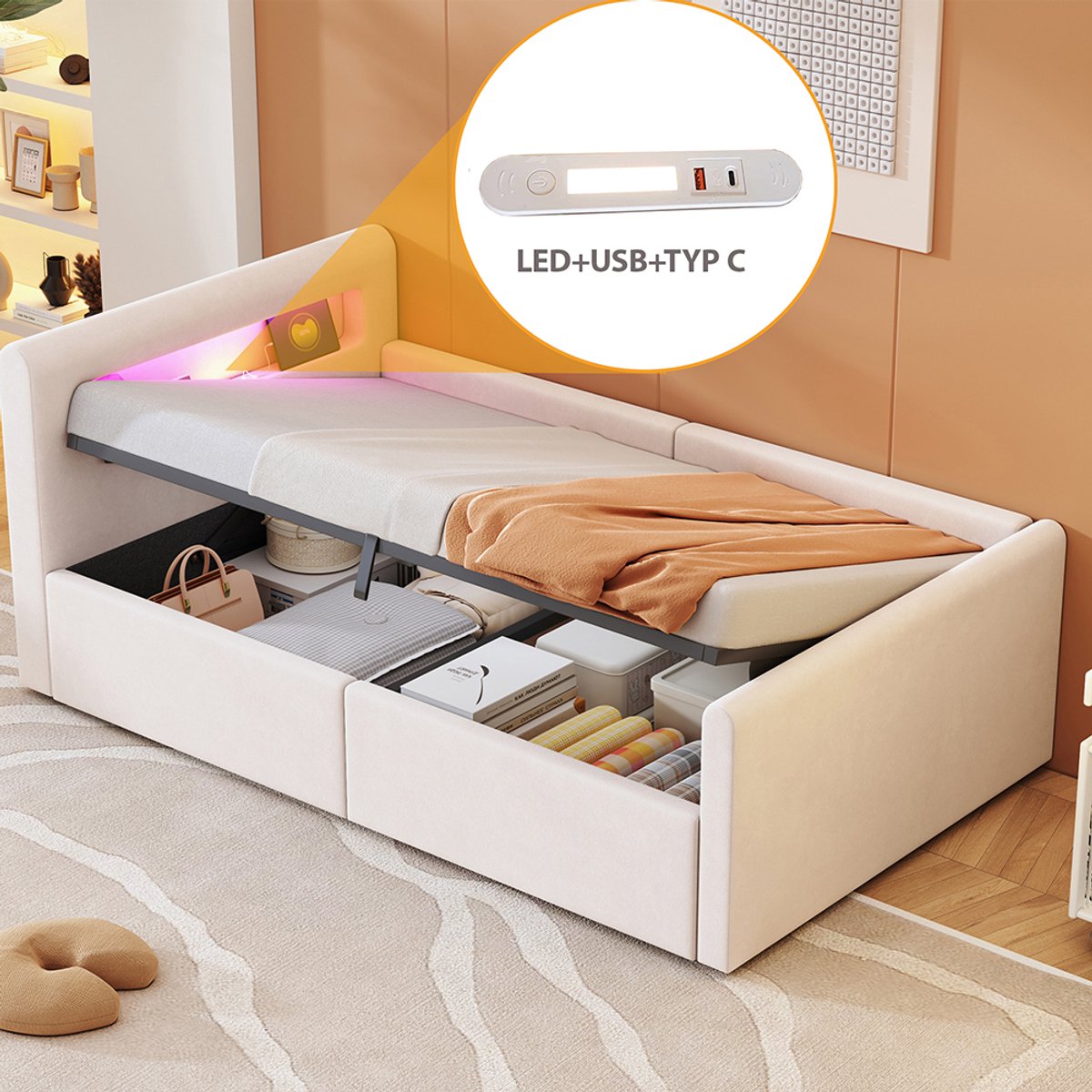 KOMHTOM Gestoffeerd kinderbed 90*200 cm, met ledverlichting, nachtlampje en USB-poort, plank, hydraulische opbergruimte, eenpersoonsbed, bedden voor jongens en meisjes, fluweelstof, beige
