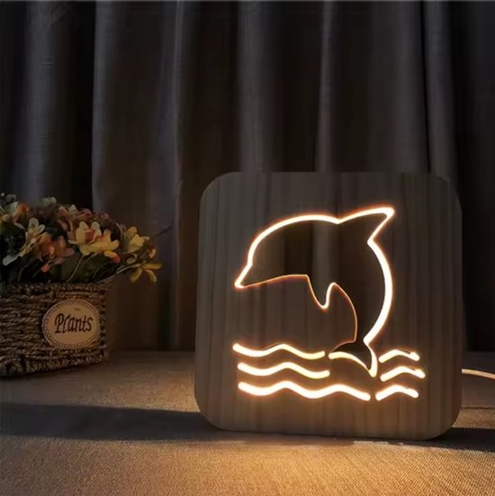 Nachtlampje Dolfijn Kinderen - Houten LED Lamp Dolphin - Babykamer & Kinderkamer - Decoratie en Verlichting