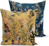 Bedrukt Kussenhoesje Bloemen - Velvet Kussenhoes set van 2 - 45x45 cm - Bloemen op Donkerblauw & Geel - Aan beide zijdig bedrukt