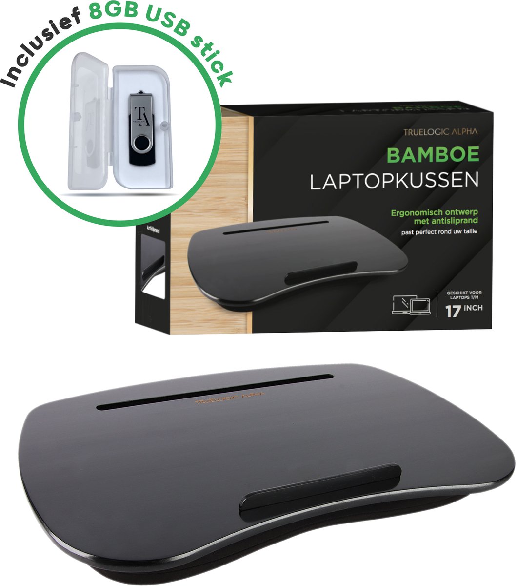 TrueLogic Alpha Bamboe laptopkussen - Inclusief 8GB USB stick - Laptopstandaard - Voor laptops t/m 17 inch - Bedtafel - Schootkussen - Zwart – Cadeautip