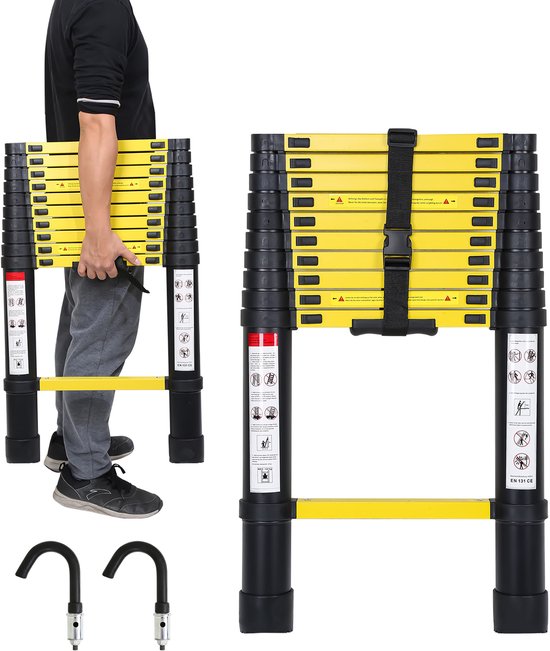 Foto: Telescopische ladder telescoopladder 3 2m zwart haak max belasting 150 kg compact en draagbaar met soft closing systeem geschikt voor particulier en professioneel gebruik telescopische vouwladder