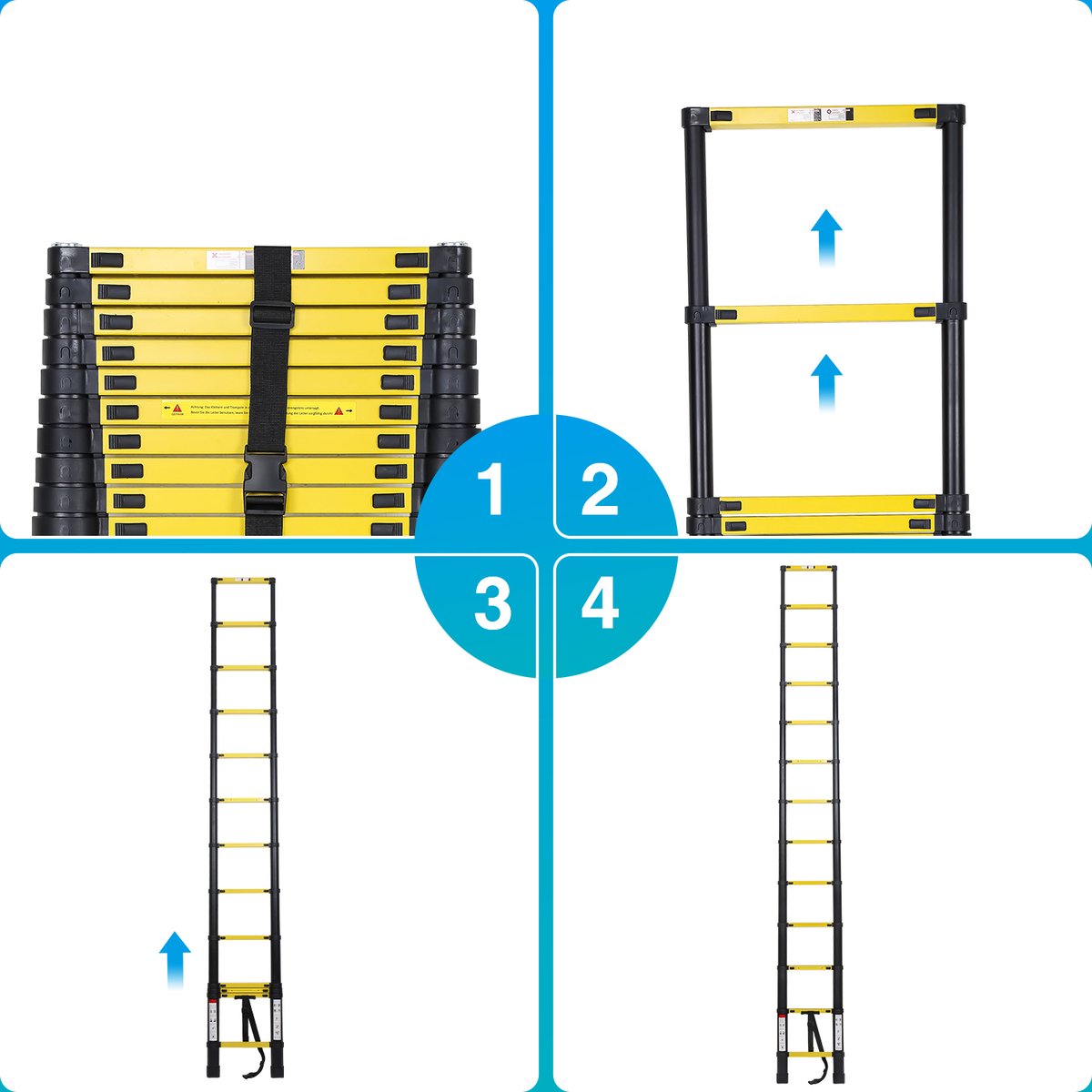 Telescopische Ladder - Telescoopladder - 4,4m zwart + haak, Max. Belasting 150 kg, Compact en Draagbaar met Soft Closing Systeem, Geschikt voor Particulier en Professioneel Gebruik, Telescopische Vouwladder – foto 8