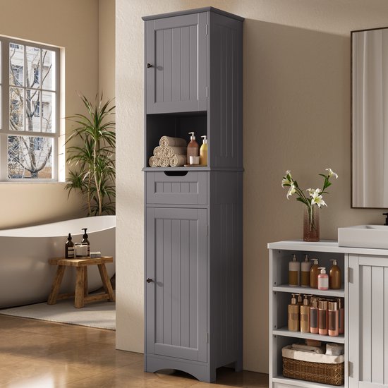 Foto: Bealife ap13 badkamerkast met 5 compartimenten en 2 verstelbare planken vrijstaande opslagkast met deuren voor badkamer woonkamer keuken slaapkamer 40 x 30 x 170 cm grijs