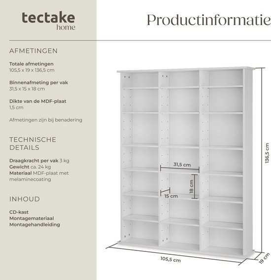 tectake® CD/DVD/Blu-ray kast - Boekenkast - 18 flexibel verstelbare planken - Houten mediakast met kantelbeveiliging - Plankstandaard - Afmeting (LxDxH) 105,5 x 19 x 136,5 cm - Wit
