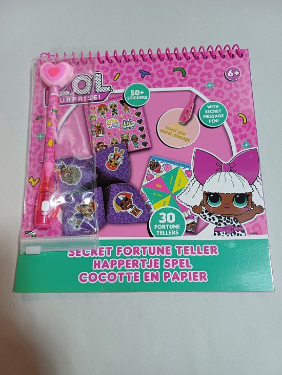 LOL Surprise fortune teller activiteitenboek met 50+ stickers, geheime pen, speelgoed en een roze sluiting.