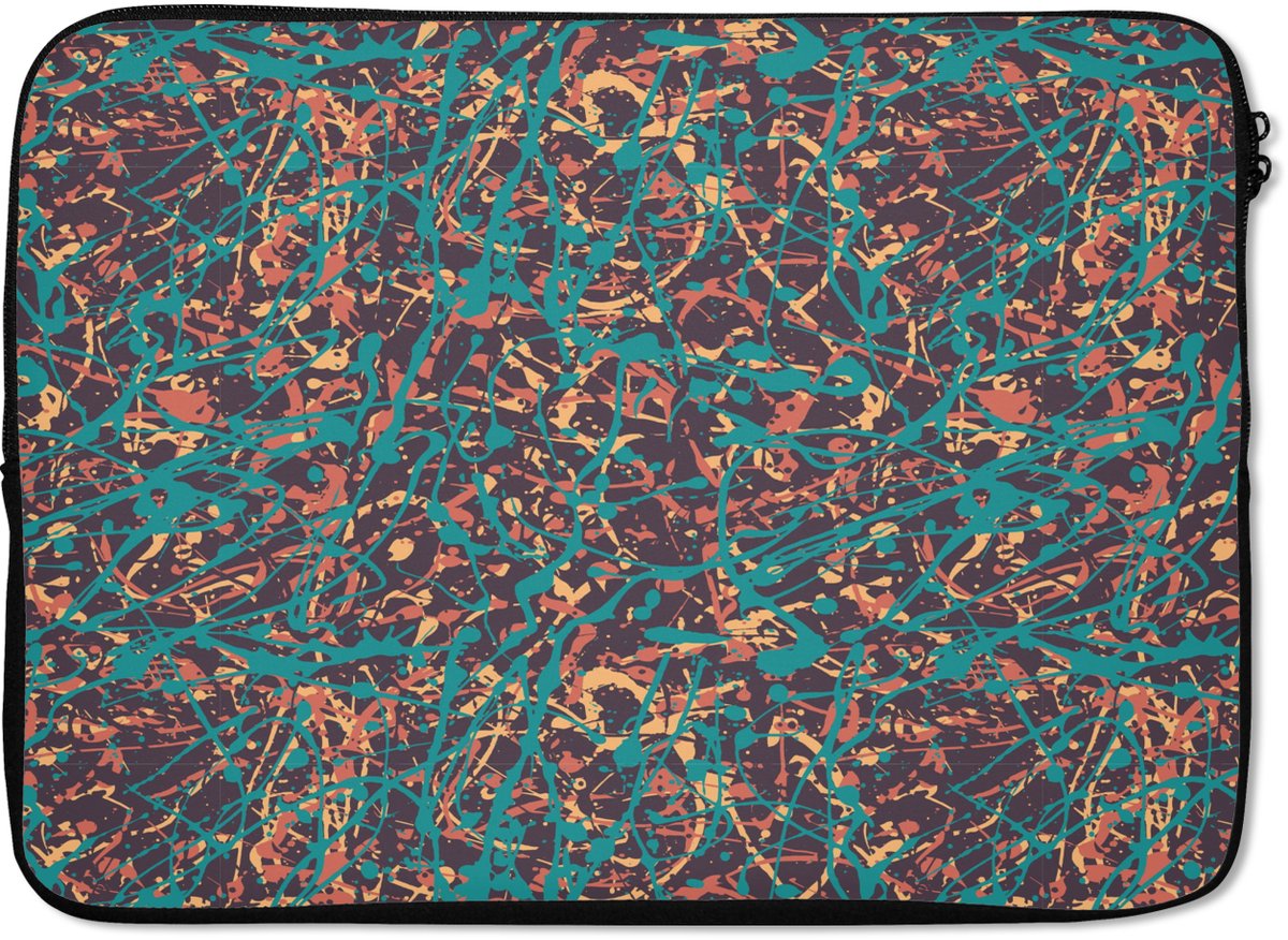 Laptophoes 13 inch - Spat - Abstract - Oranje - Groen - Laptop sleeve - Binnenmaat 32x22,5 cm - Zwarte achterkant