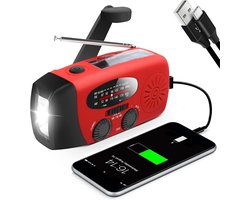 Multifunctionele Noodradio Solar – 2000mAh Powerbank – LED Zaklamp – Opwindbaar via Handcrank & Zonne-energie – AM/FM Radio – Voor Noodpakket, Camping & Outdoor Gebruik – Rood