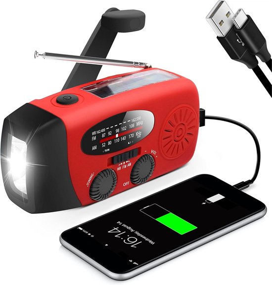 Noodradio - Radio Op Batterijen (Accu) Voor Rampen - Powerbank 2000 Mah - USB-C Kabel - Radio Opwindbaar - Noodradio Solar Opwindbaar - Draagbare Noodradio - Noodpakket - Zaklamp - Solar Opwindbaar - Sos Alarm - Kunststof - Rood