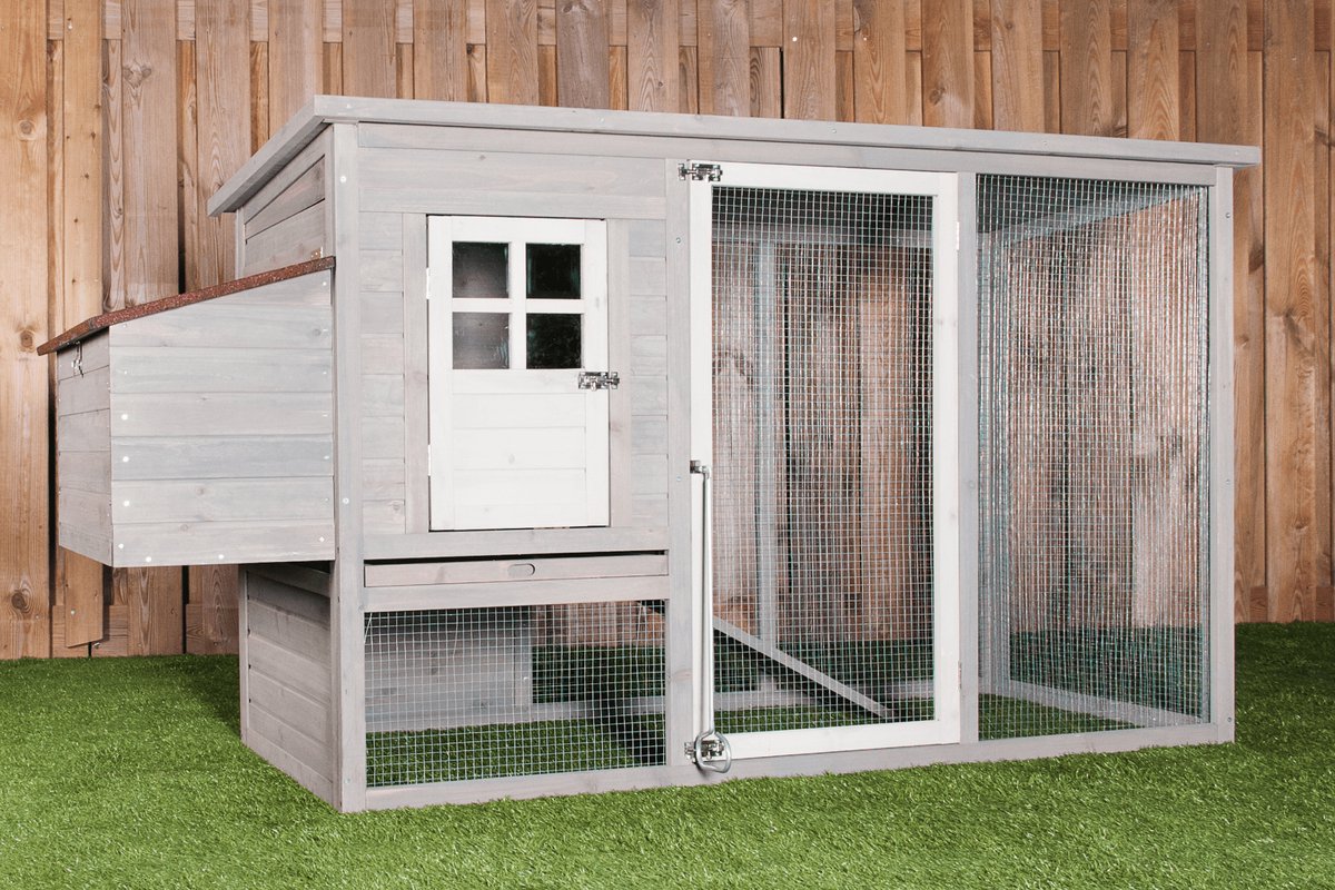 Kippenhok – konijnenhok – dierenverblijf Marie – grijs/wit – kippen – konijnen – hout – duurzaam – dennenhout – met legnest – met zinken uitschuifbare lade – kwaliteit – waterdicht – met loopren – nachthok – ruim – stijlvol
