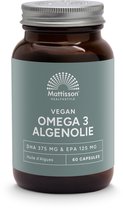 Mattisson - Vegan Algenolie Omega 3 500 mg - DHA 375 mg & EPA 125 mg - Vegan Voedingssupplement - 60 Capsules