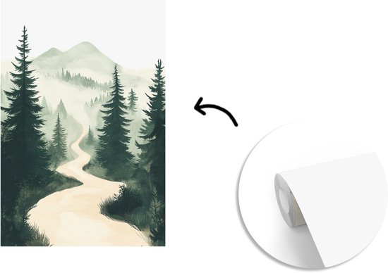 Behang - Fotobehang Pad - Bomen - Bos - Illustratie - Breedte 170 cm x hoogte 260 cm